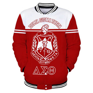 Africa Zone Greek Life Clothing - Delta Sigma Theta Sorority Hand Sign Red White Baseball Jacket J5