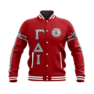 Gamma Delta Iota Red Letters Baseball Jacket | Africazone.store