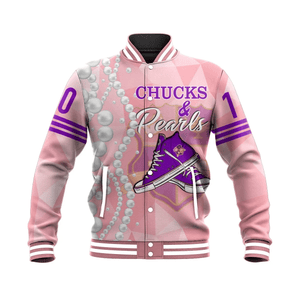 Chucks Epsilon Psi Military Sorority Pearls Pink Baseball Jacket