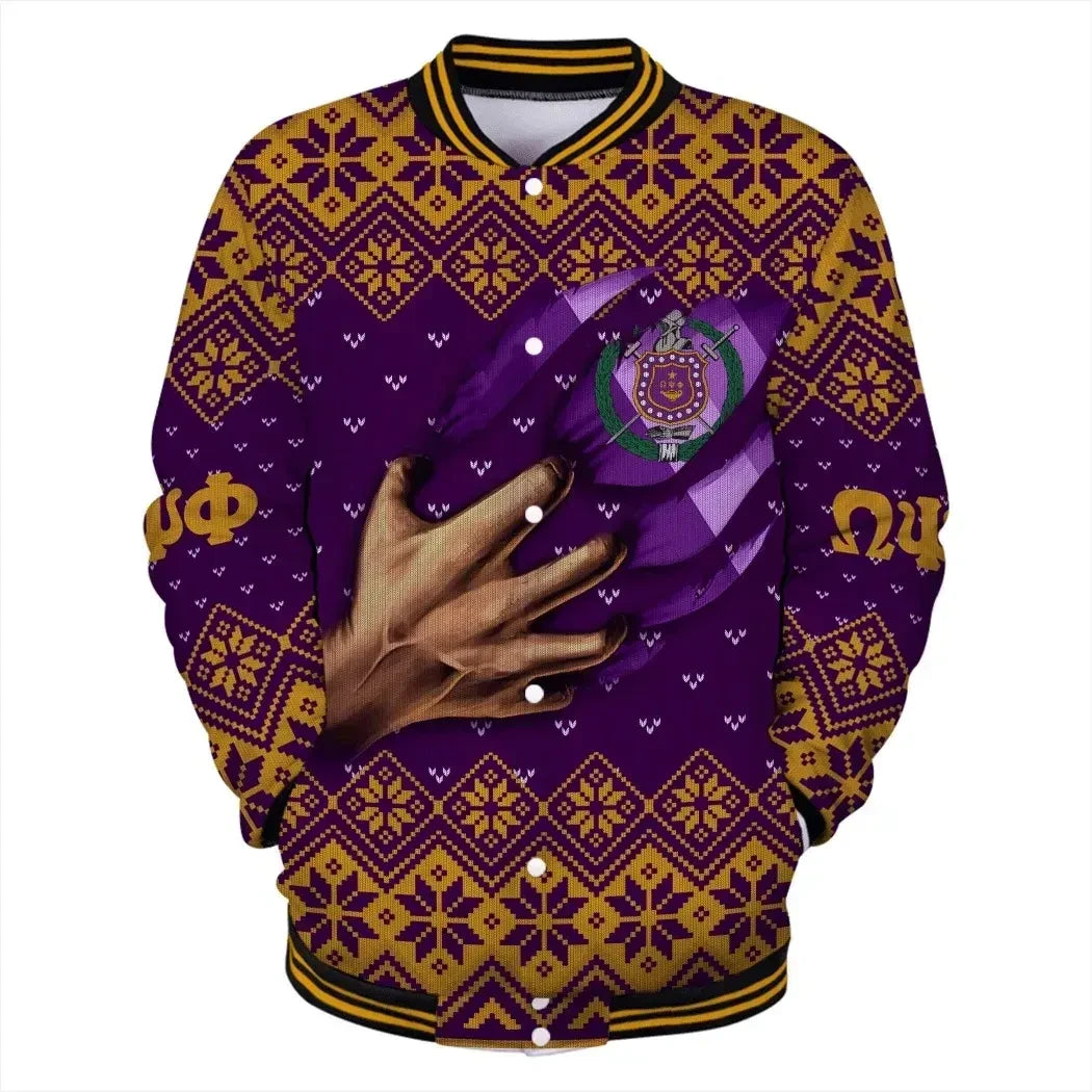 AfricaZone Jacket - Lux Omega Psi Phi In My Heart Christmas Baseball Jacket J5 | Africazone.store