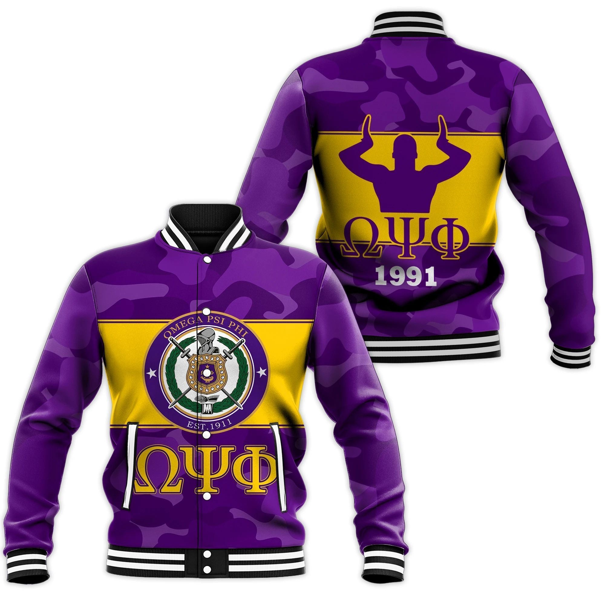 AfricaZone Jacket - OMEGA PSI PHI BASEBALL JACKET - CAMO VERSION J5 | Africazone.store