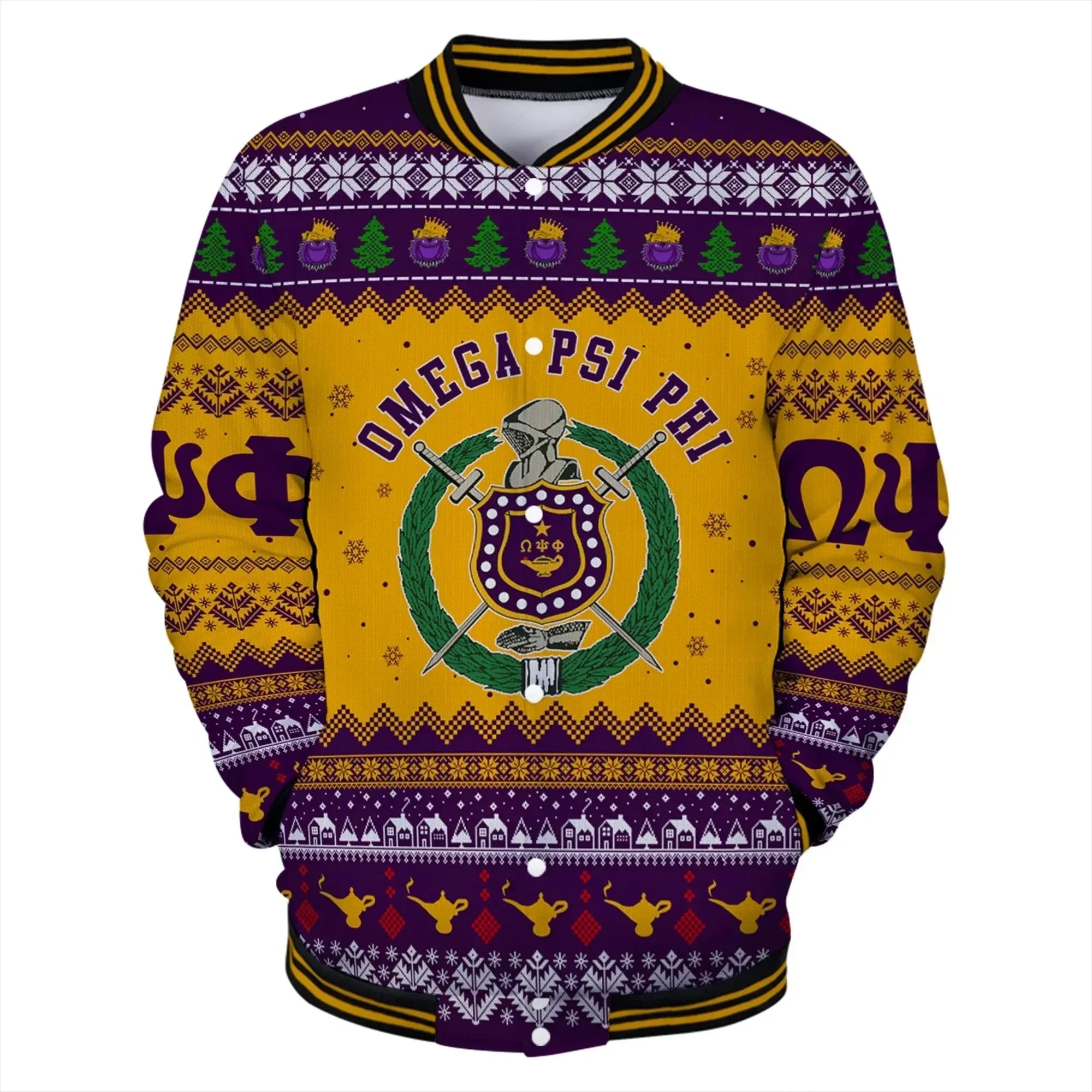 AfricaZone Jacket - Omega Psi Phi Greek Letter Christmas Baseball Jacket J5 | Africazone.store