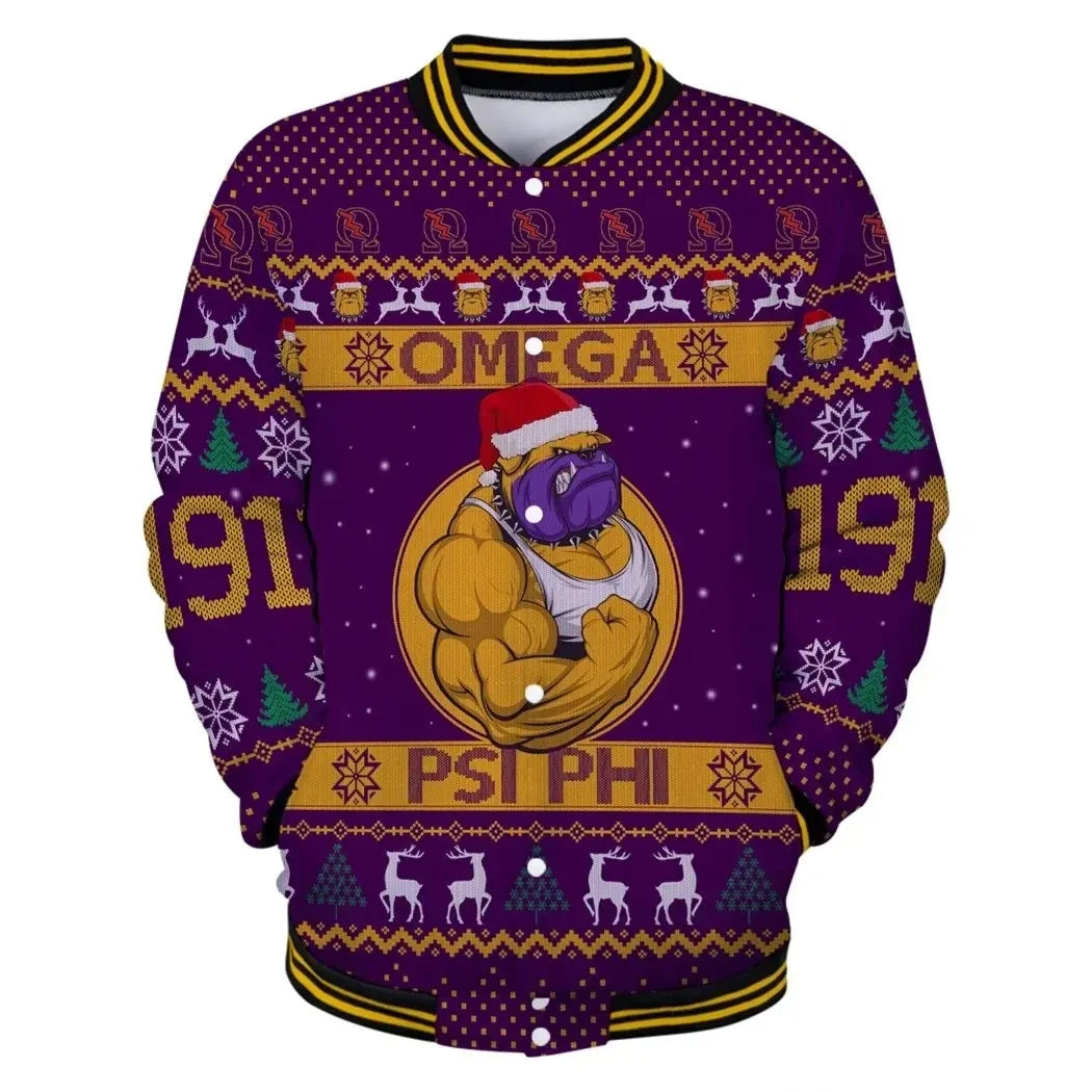 AfricaZone Jacket - Lux Omega Psi Phi Muscle Bulldog Christmas Baseball Jacket J5 | Africazone.store