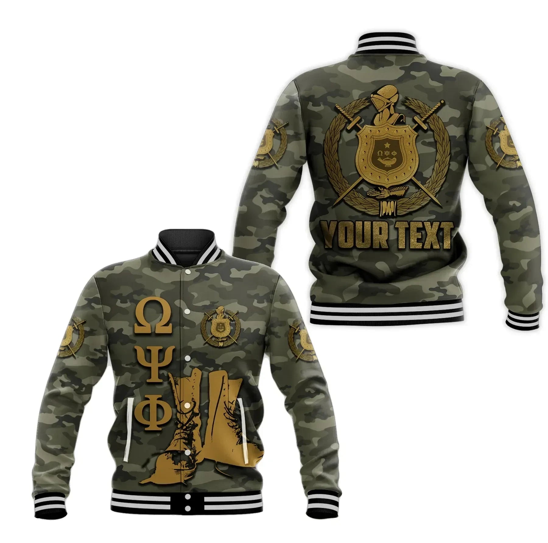AfricaZone Jacket - Personalised Omega Psi Phi Army Boots 1911 Baseball Jacket J5 | Africazone.store