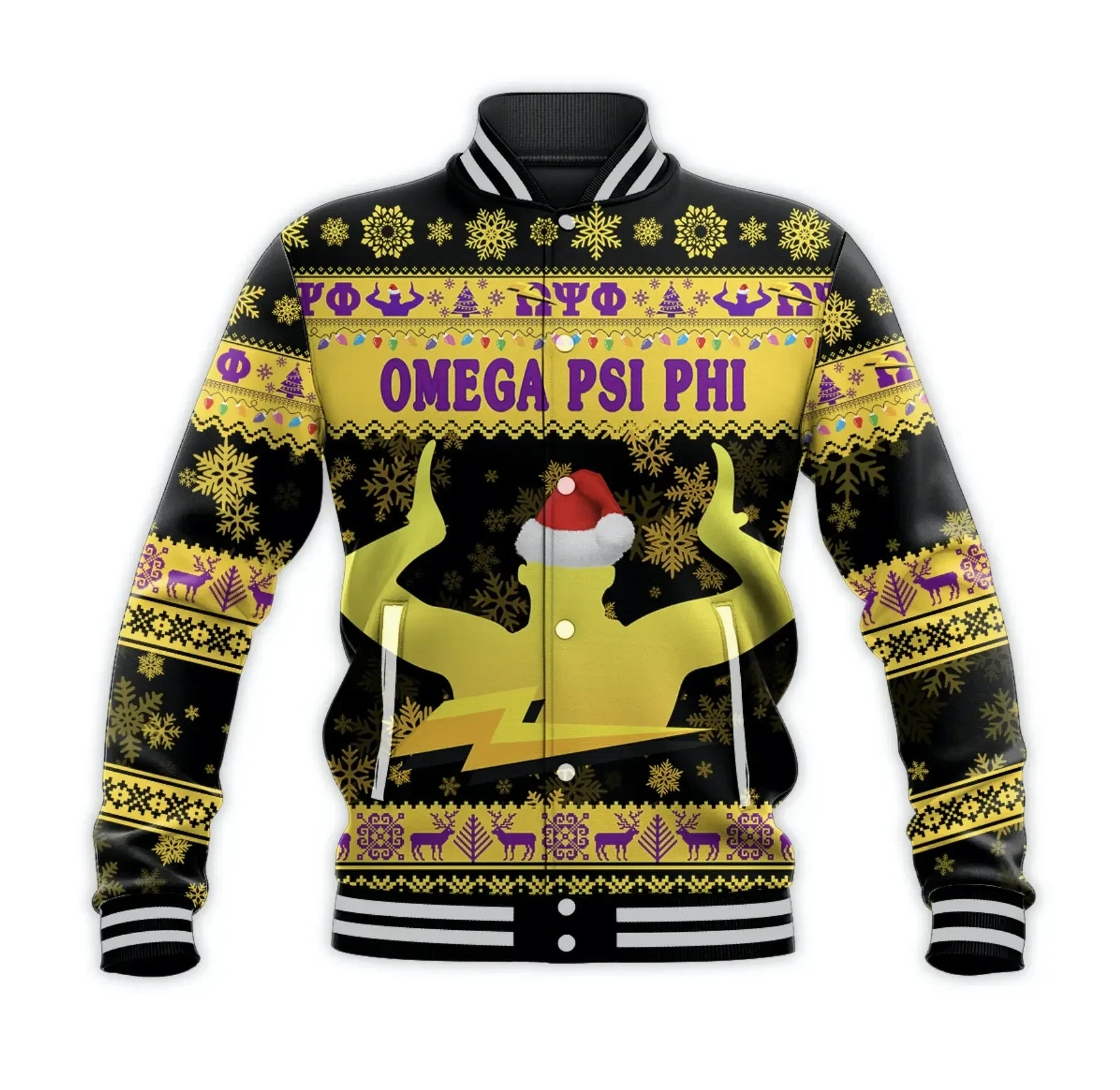 AfricaZone Jacket - Omega Psi Phi Fraternity Christmas Hand Sign - Black Baseball Jacket J5 | Africazone.store