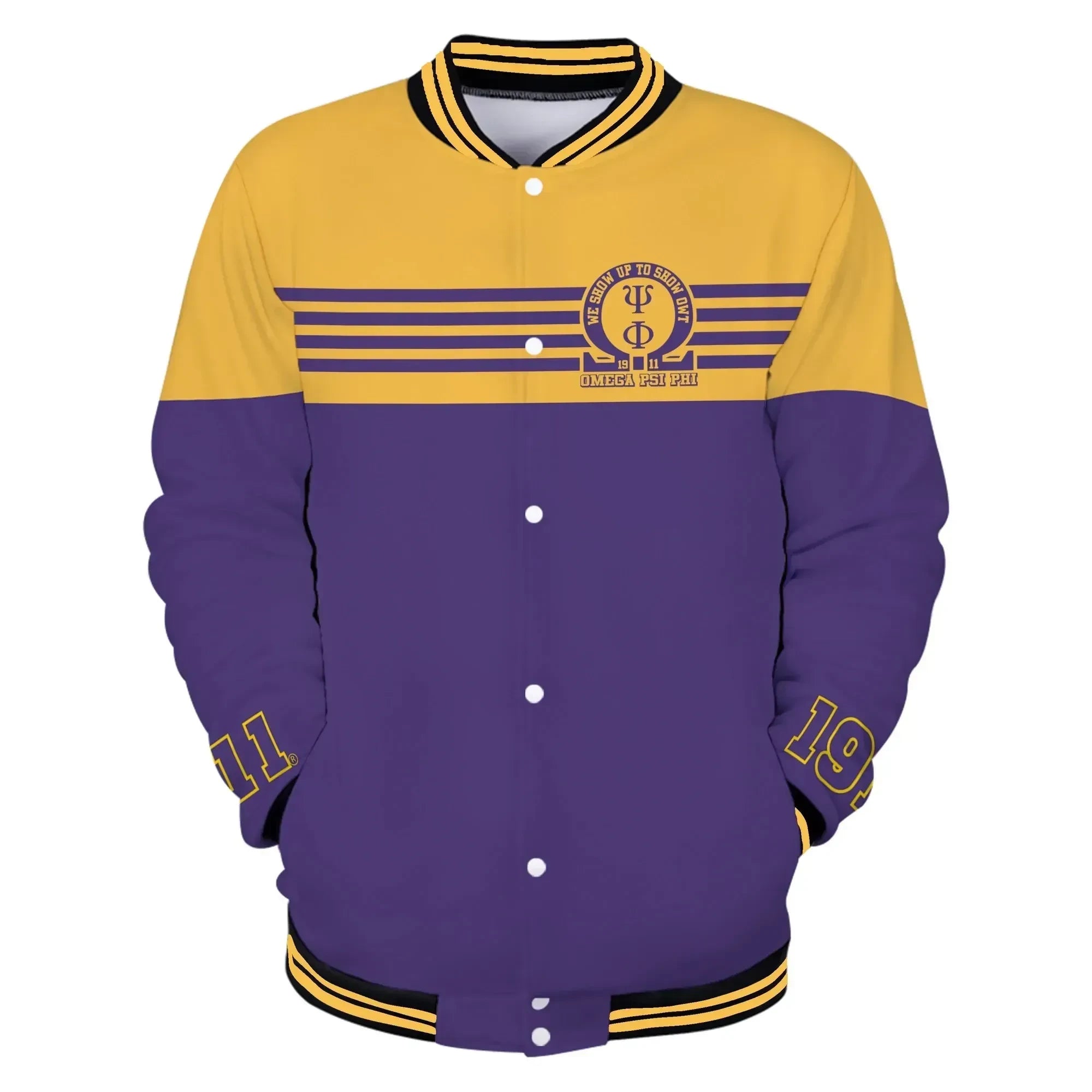 AfricaZone Jacket - Omega Psi Phi We Show Up To Show Out Baseball Jacket J5 | Africazone.store