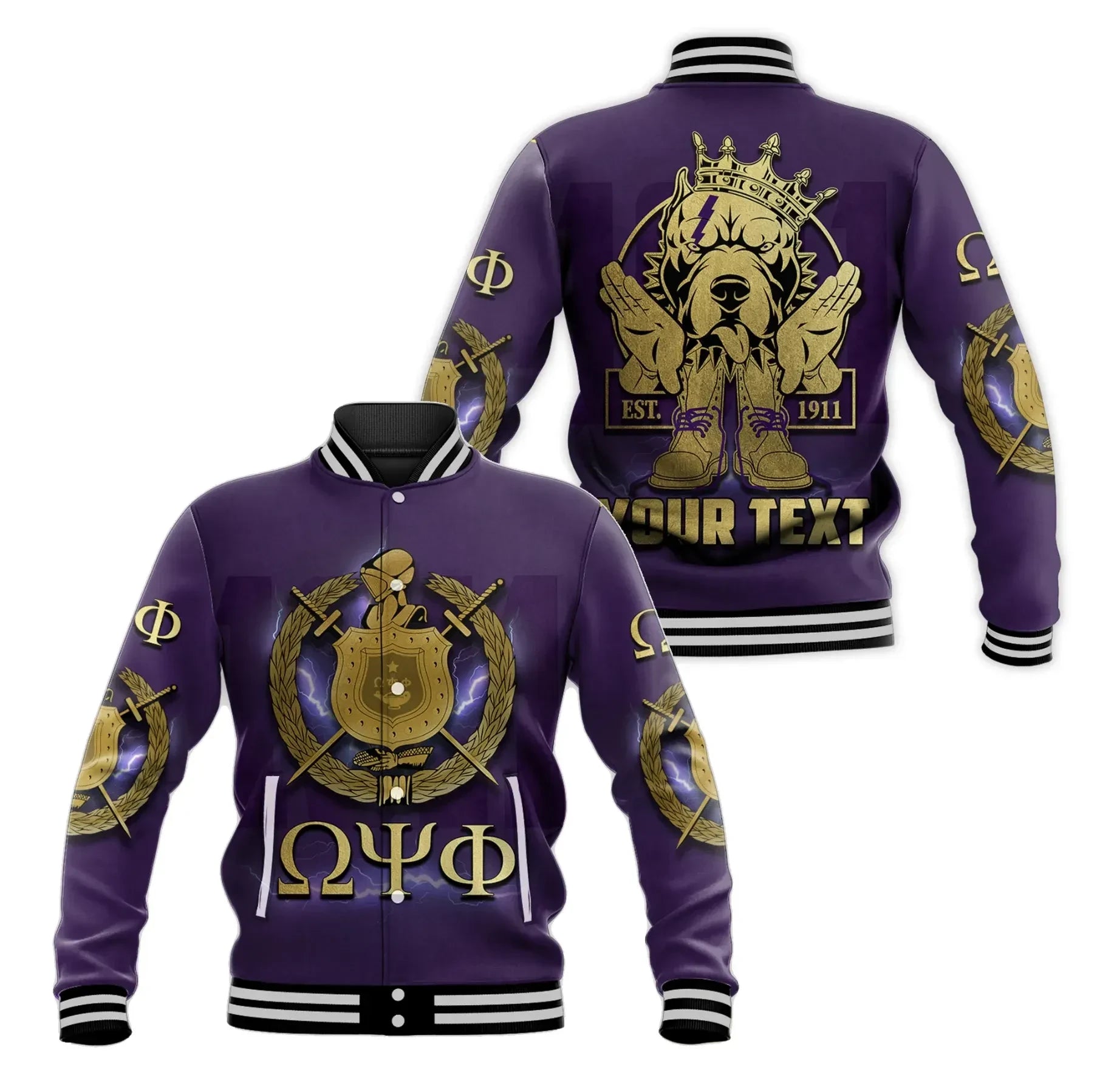 AfricaZone Jacket - Personalised Omega Psi Phi Bulldog Crown Psi Hand Sign Army Boots Baseball Jacket J5 | Africazone.store