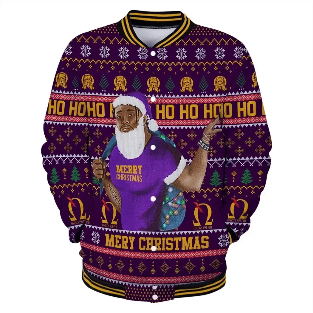 AfricaZone Jacket - Lux Man Hohoho Christmas Omega Psi Phi Baseball Jacket J5 | Africazone.store