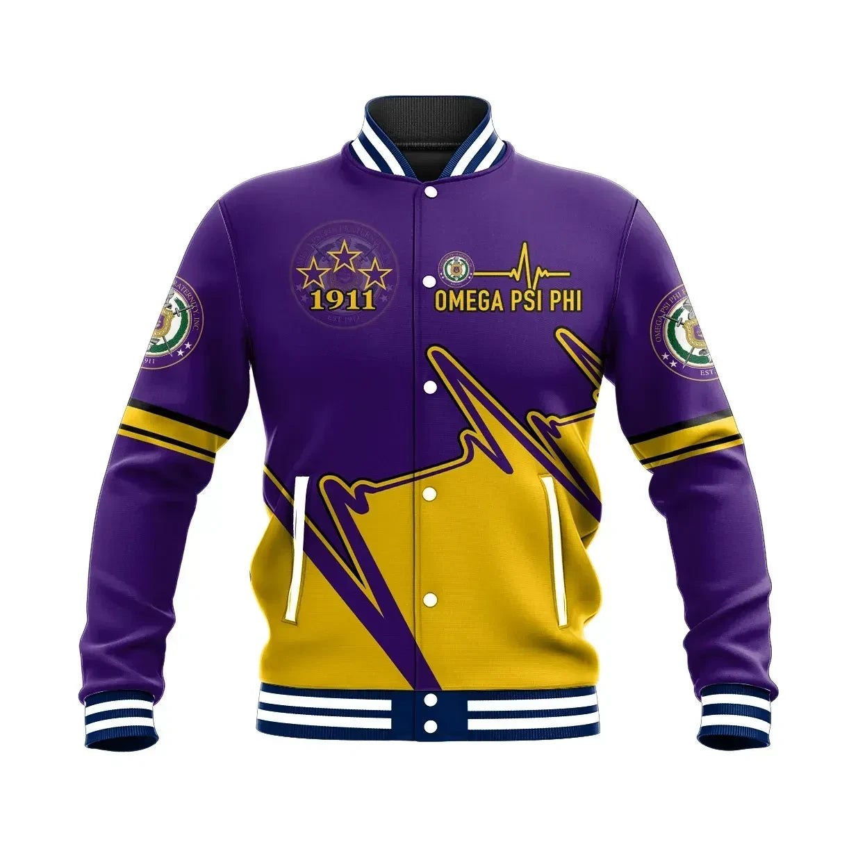 AfricaZone Jacket - Personalised Heartbeat Omega Psi Phi Baseball Jacket J5 | Africazone.store9 | Africazone.store