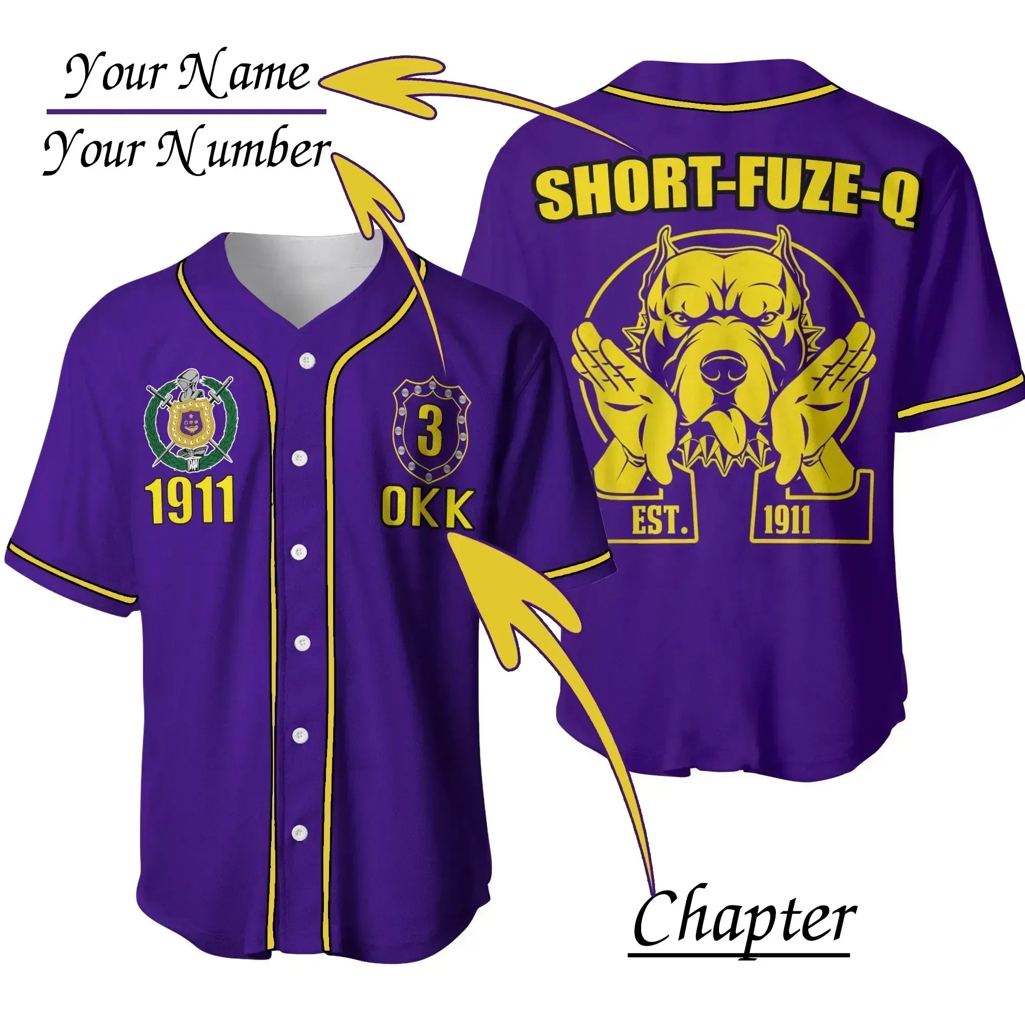 Africazone Baseball Jersey - Personalised (Short-Fuze-Q) Omega Psi Phi Bulldog Crown Psi Hand Sign J5 | Africazone.store