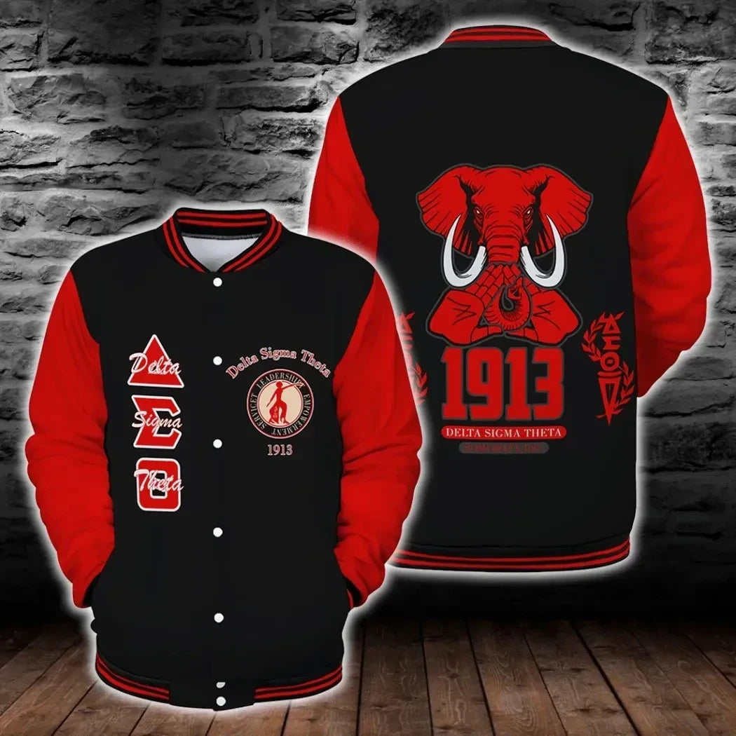 Africa Zone Greek Life Clothing - Delta Sigma Theta Sorority Hand Sign Elephant Baseball Jacket J5